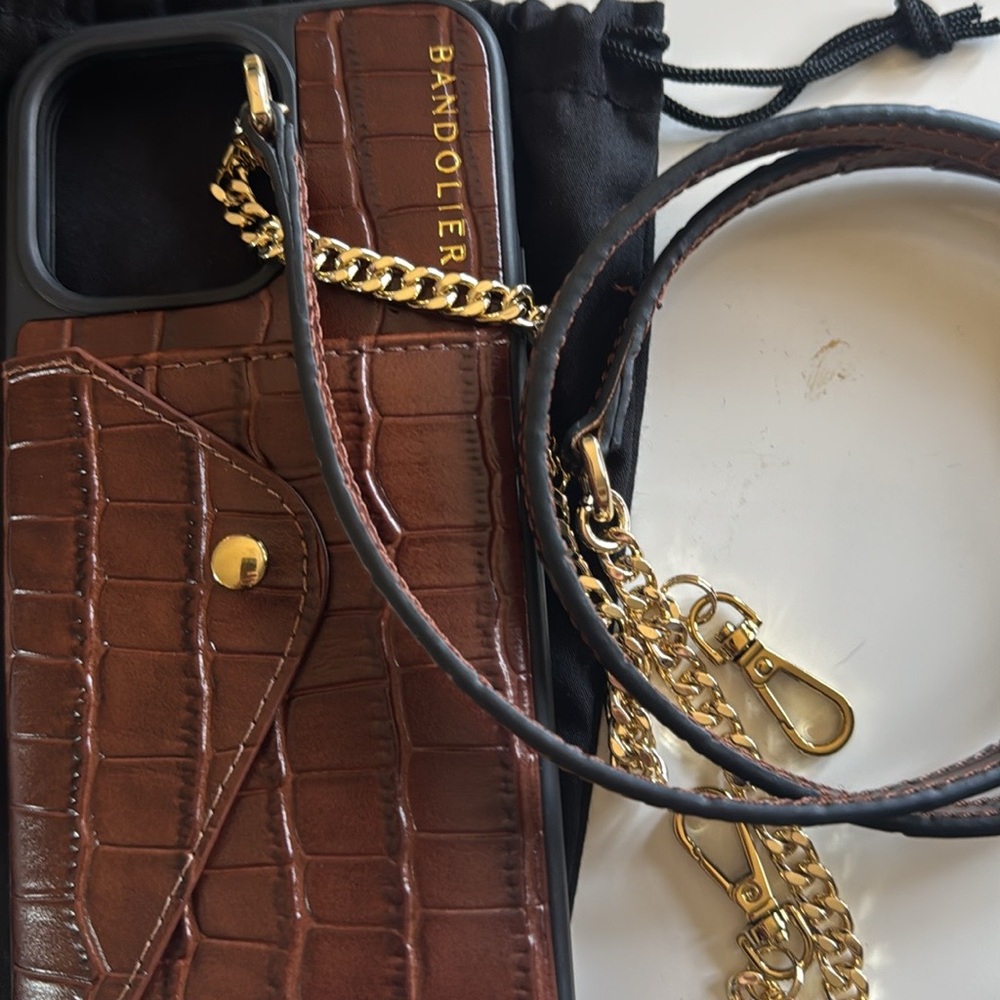 Bandolier Brown iPhone 15 Pro Max Case with Gold Chain - with tags NEW!